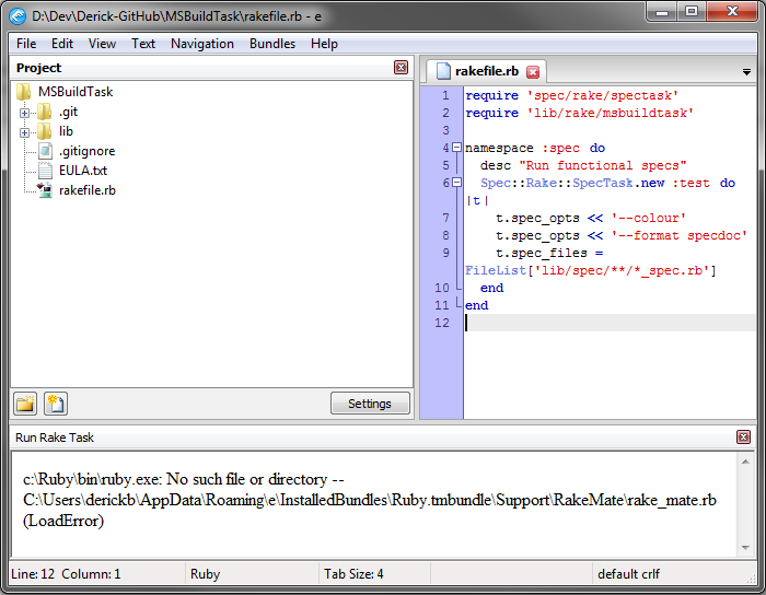 c:Rubybinruby.exe: No such file or directory -- C:UsersderickbAppDataRoamingeInstalledBundlesRuby.tmbundleSupportRakeMaterake_mate.rb (LoadError) 