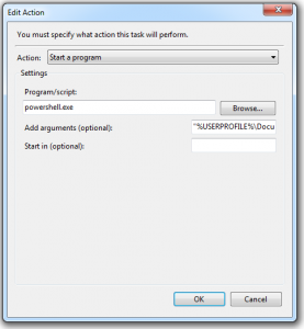 Create new Action, set action type to Run a Program, enter PowerShell as the command